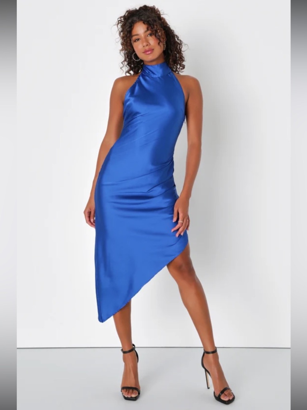 Lulus Regal Sensation Royal Blue Satin Asymmetrical Halter Midi Dress size xs/s